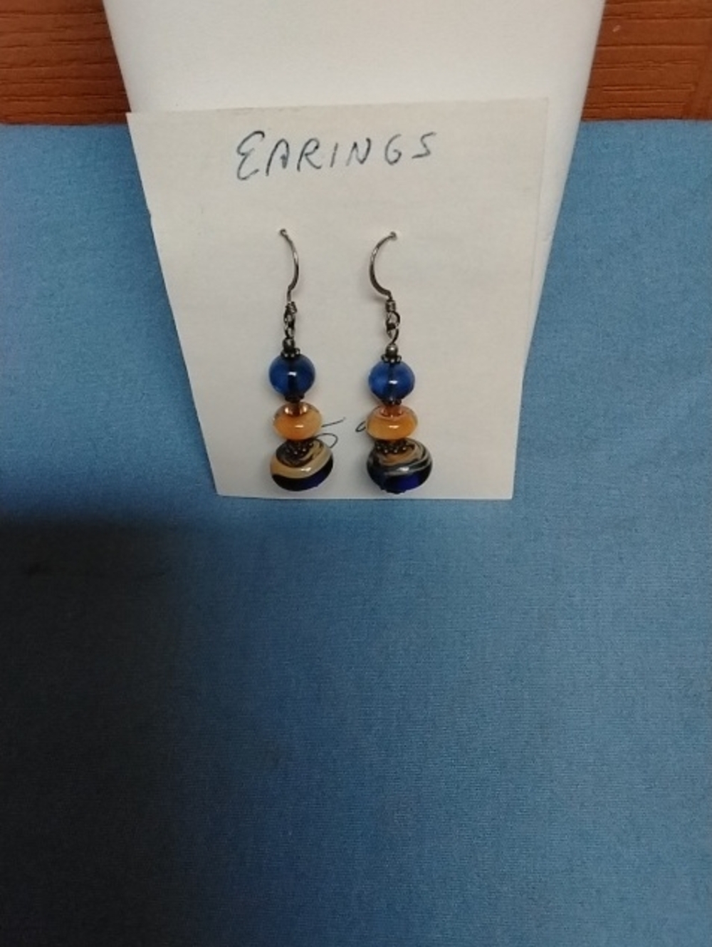 Blue and Amber Bead Drop Earrings